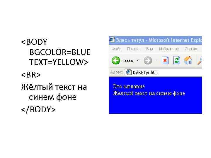 <BODY BGCOLOR=BLUE TEXT=YELLOW> <BR> Жёлтый текст на синем фоне </BODY> 