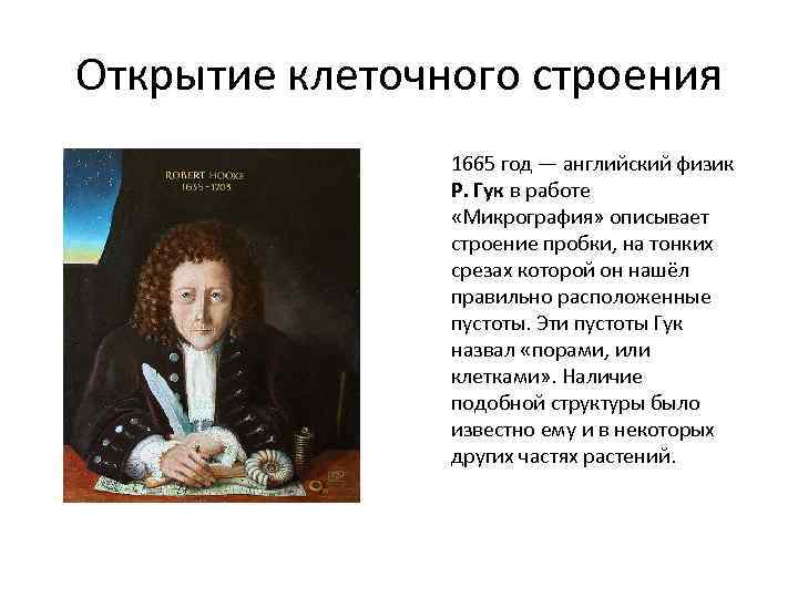 Открытие клеточного строения 1665 год — английский физик Р. Гук в работе «Микрография» описывает