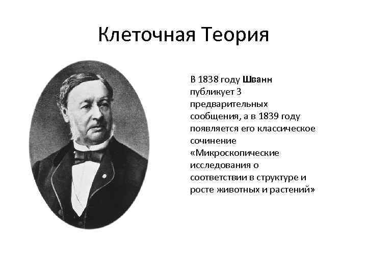 Клеточная Теория В 1838 году Шванн публикует 3 предварительных сообщения, а в 1839 году