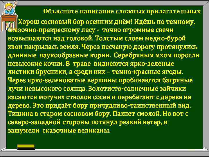 Объясните написание сложных прилагательных Хорош сосновый бор осенним днём! Идёшь по темному, сказочно-прекрасному лесу