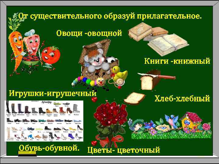 От существительного образуй прилагательное. Овощи -овощной Книги -книжный Игрушки-игрушечный Хлеб-хлебный Обувь-обувной. Цветы- цветочный 