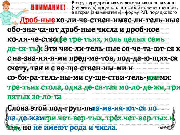 В структуре дробных числительных первая часть (числитель) представляет собой количественное , а вторая (знаменатель)