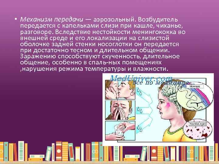  • Механизм передачи — аэрозольный. Возбудитель передается с капельками слизи при кашле, чиханье,