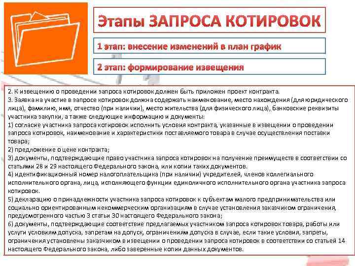 Этапы ЗАПРОСА КОТИРОВОК 1 этап: внесение изменений в план график 2 этап: формирование извещения