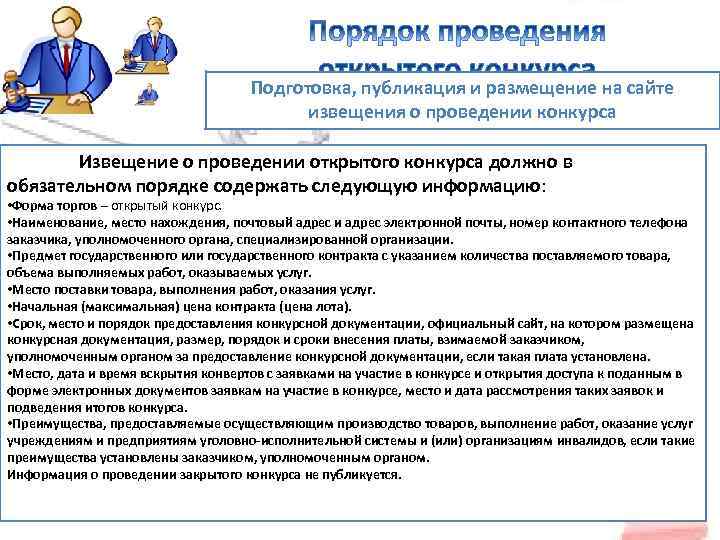 Подготовка, публикация и размещение на сайте извещения о проведении конкурса Извещение о проведении открытого