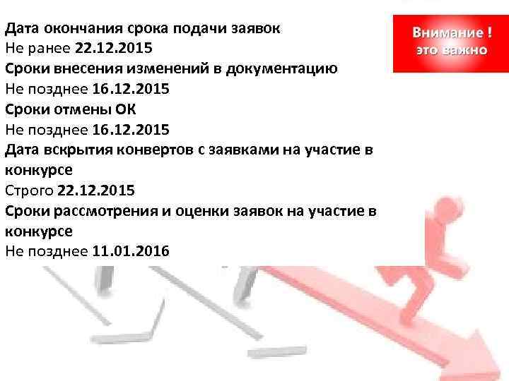 Дата окончания срока подачи заявок Не ранее 22. 12. 2015 Сроки внесения изменений в
