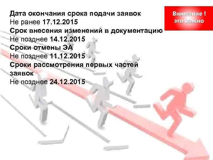 Дата окончания срока подачи заявок Не ранее 17. 12. 2015 Срок внесения изменений в