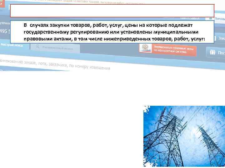 В случаях закупки товаров, работ, услуг, цены на которые подлежат государственному регулированию или установлены