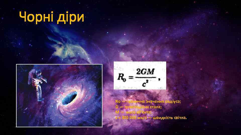 Чорні діри Rо — граничне значення радіуса; G — гравітаційна стала; М — маса