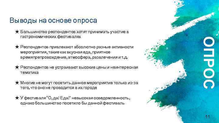 Выводы на основе опроса ★ Респондентов привлекают абсолютно разные активности мероприятия, такие как вкусная