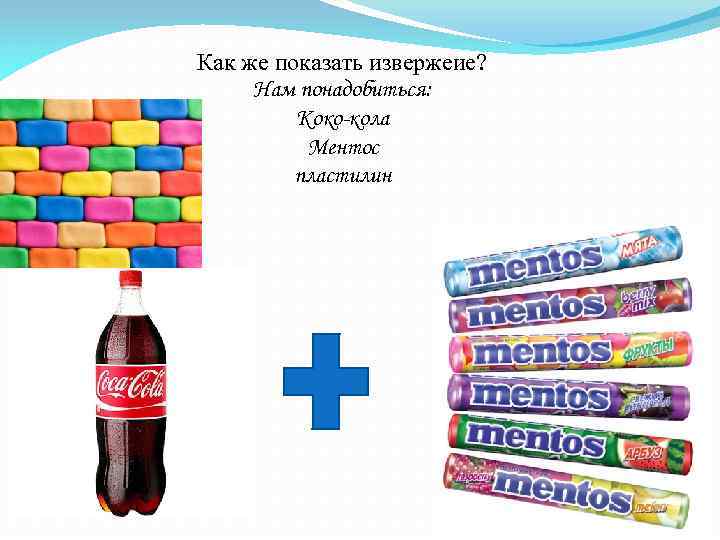 Как же показать извержеие? Нам понадобиться: Коко-кола Ментос пластилин 