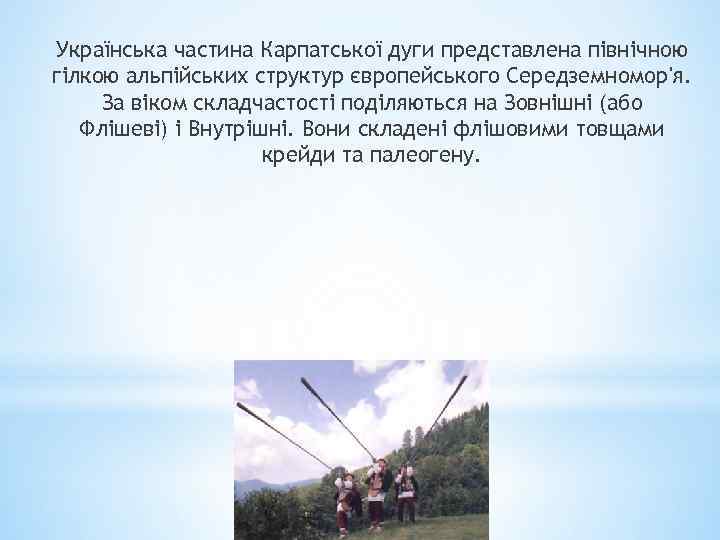 Українська частина Карпатської дуги представлена північною гілкою альпійських структур європейського Середземномор'я. За віком складчастості