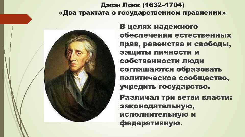 Джон Локк (1632– 1704) «Два трактата о государственном правлении» В целях надежного обеспечения естественных