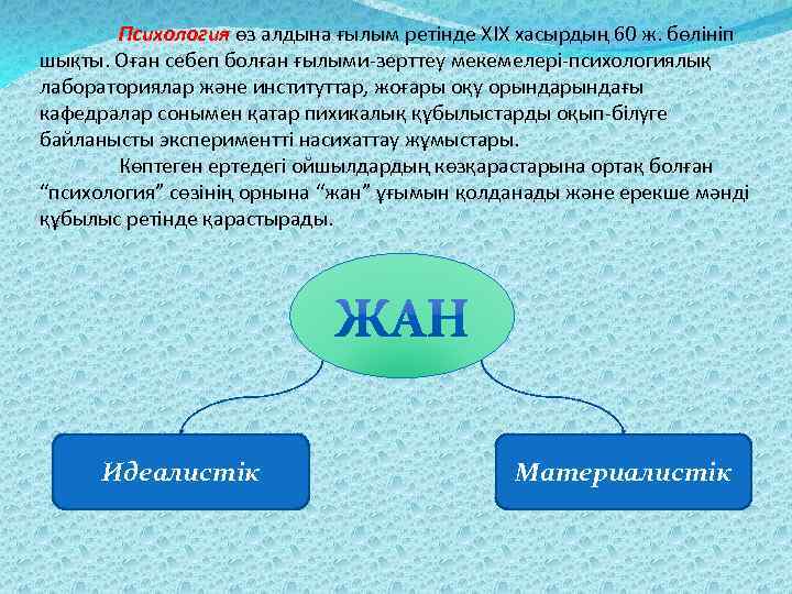 Психология өз алдына ғылым ретінде ХІХ хасырдың 60 ж. бөлініп шықты. Оған себеп болған