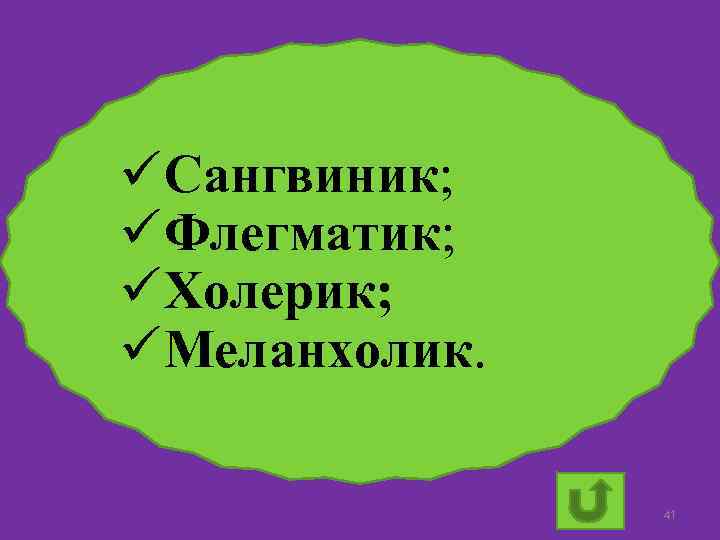 ü Сангвиник; ü Флегматик; ü Холерик; ü Меланхолик. 41 