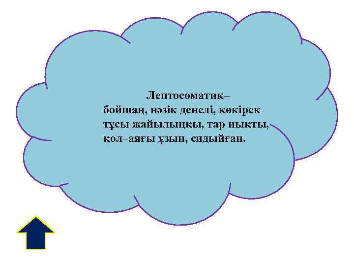 Лептосоматик– бойшаң, нәзік денелі, көкірек тұсы жайылыңқы, тар иықты, қол–аяғы ұзын, сидыйған. 