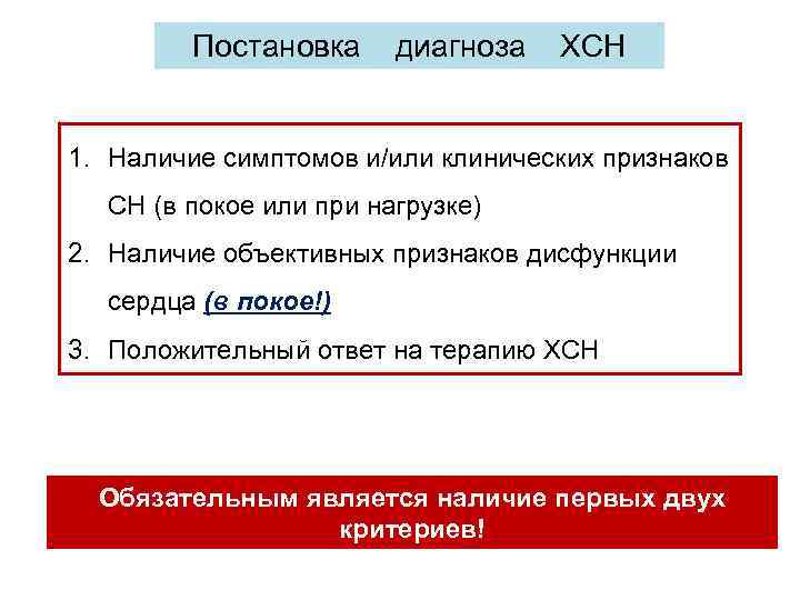 Постановка диагноза ХСН 1. Наличие симптомов и/или клинических признаков СН (в покое или при