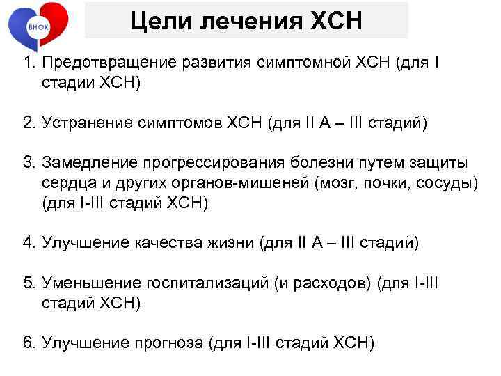 Цели лечения ХСН 1. Предотвращение развития симптомной ХСН (для I стадии ХСН) 2. Устранение