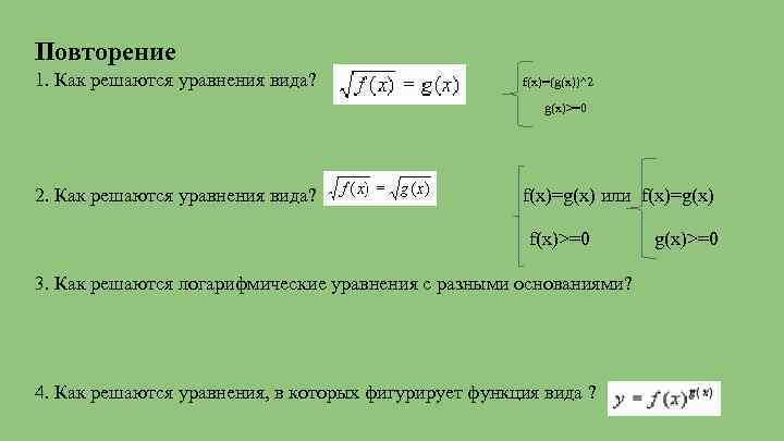 Повторение 1. Как решаются уравнения вида? f(x)=(g(x))^2 g(x)>=0 2. Как решаются уравнения вида? f(x)=g(x)