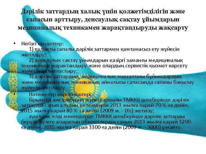 Дәрiлiк заттардың халық үшiн қолжетiмдiлiгiн және сапасын арттыру, денсаулық сақтау ұйымдарын медициналық техникамен жарақтандыруды