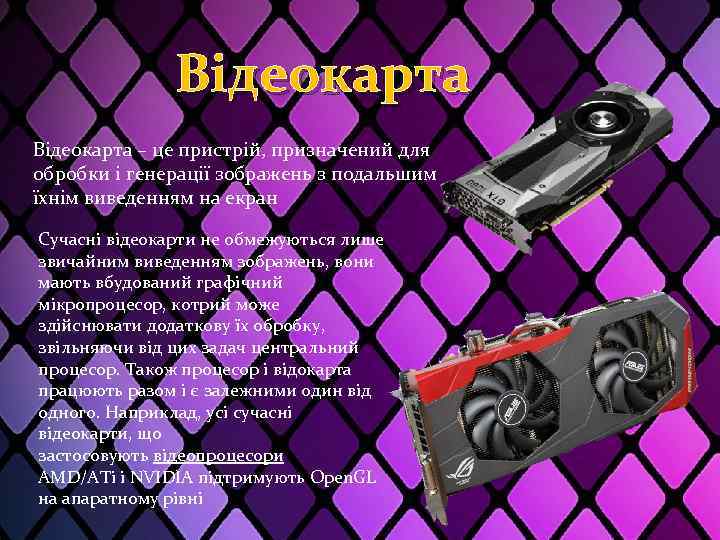 Відеокарта – це пристрій, призначений для обробки і генерації зображень з подальшим їхнім виведенням