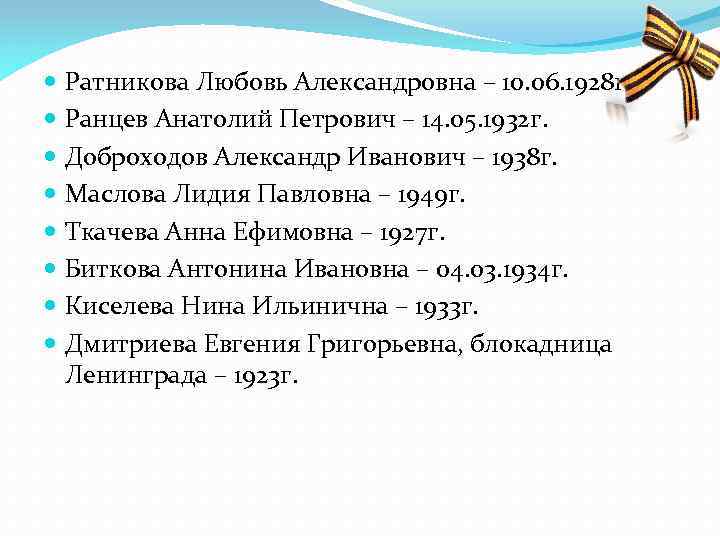  Ратникова Любовь Александровна – 10. 06. 1928 г. Ранцев Анатолий Петрович – 14.