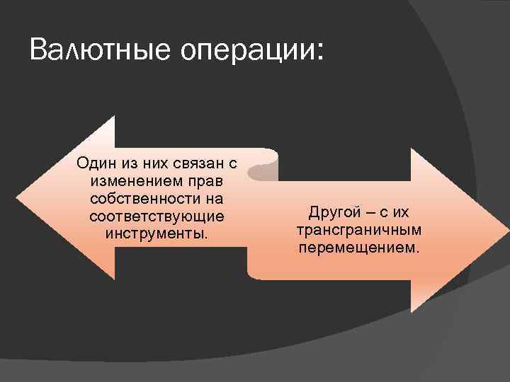 Валютные операции: Один из них связан с изменением прав собственности на соответствующие инструменты. Другой