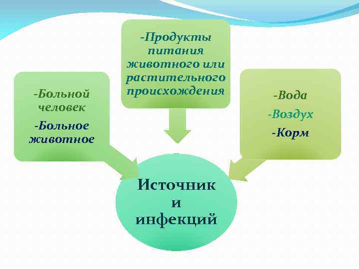 -Больной человек -Больное животное -Продукты питания животного или растительного происхождения Источник и инфекций -Вода