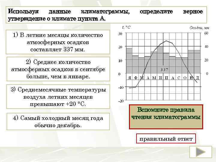 Используя данные климатограммы, утверждение о климате пункта А. определите верное 1) В летние месяцы