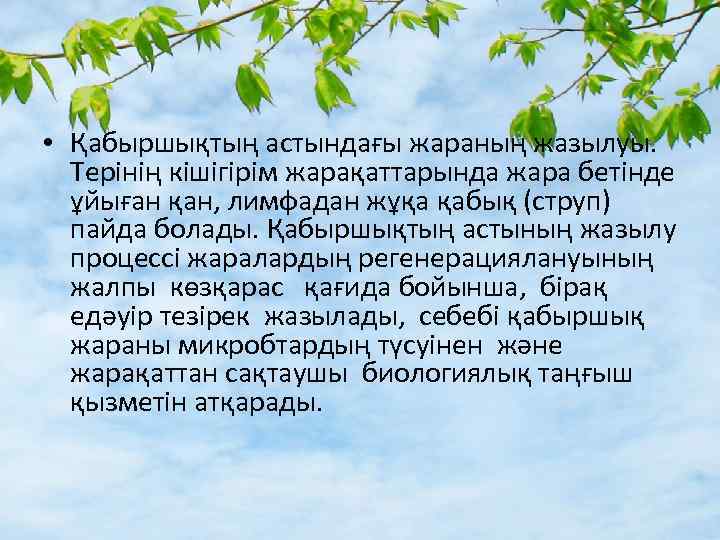  • Қабыршықтың астындағы жараның жазылуы. Терінің кішігірім жарақаттарында жара бетінде ұйыған қан, лимфадан