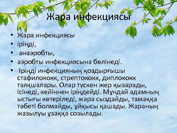 Жара инфекциясы • • • Жара инфекциясы іріңді, анаэробты, аэробты инфекциясына бөлінеді. Іріңді инфекцияның