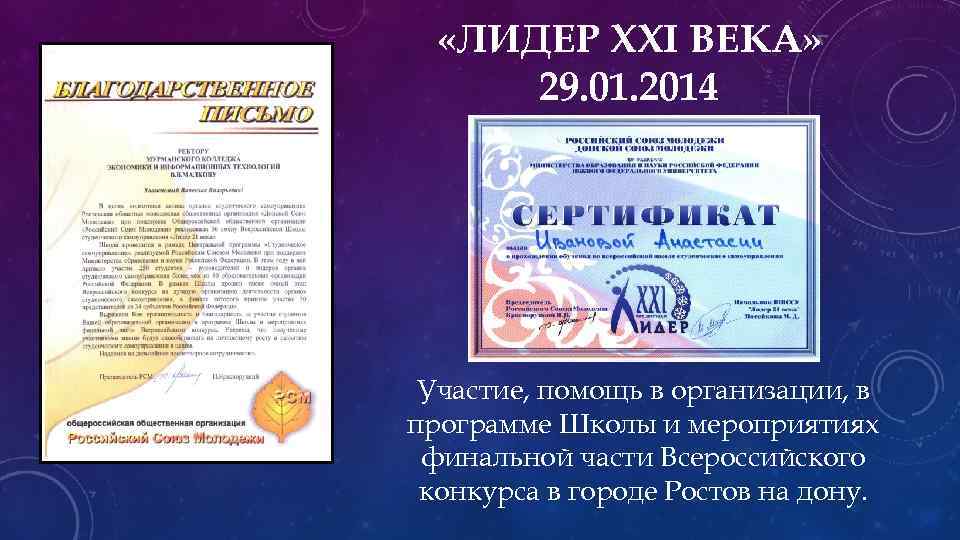  «ЛИДЕР XXI ВЕКА» 29. 01. 2014 Участие, помощь в организации, в программе Школы