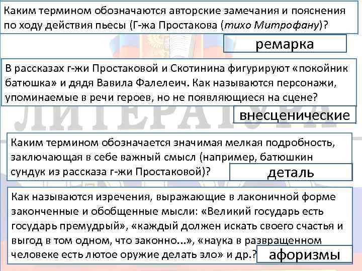 Каким термином обозначаются авторские замечания и пояснения по ходу действия пьесы (Г-жа Простакова (тихо