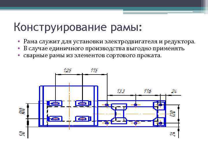 Конструирование рамы: • Рама служит для установки электродвигателя и редуктора. • В случае единичного