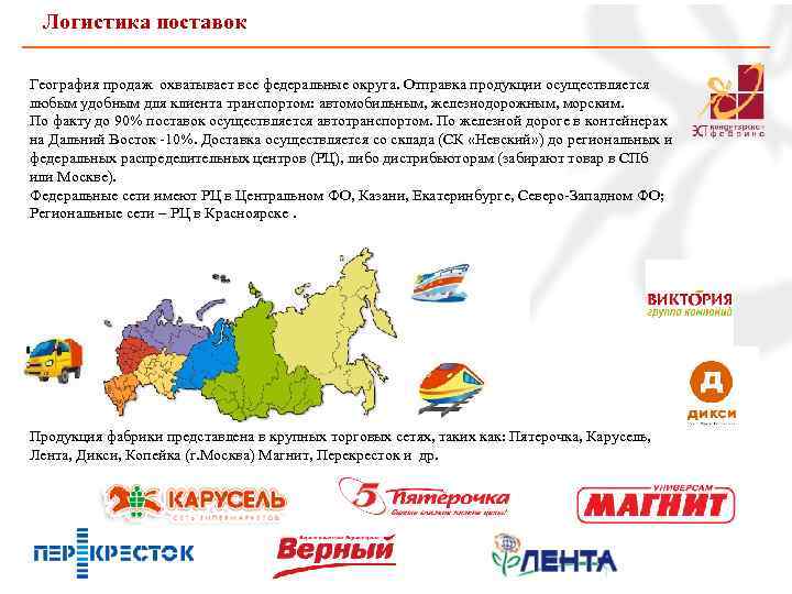 Логистика поставок География продаж охватывает все федеральные округа. Отправка продукции осуществляется любым удобным для