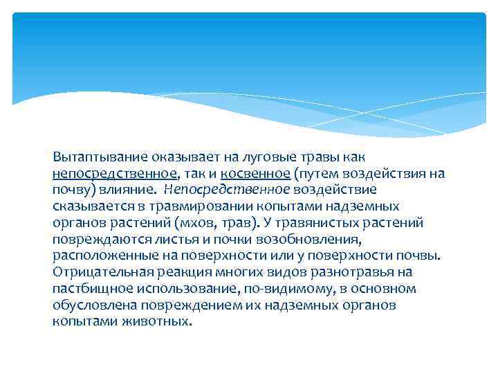 Вытаптывание оказывает на луговые травы как непосредственное, так и косвенное (путем воздействия на почву)