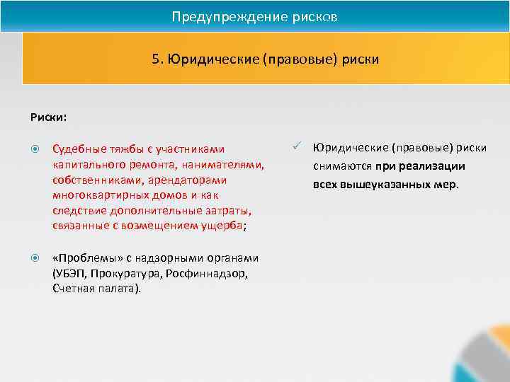 Предупреждение рисков 5. Юридические (правовые) риски Риски: Судебные тяжбы с участниками капитального ремонта, нанимателями,