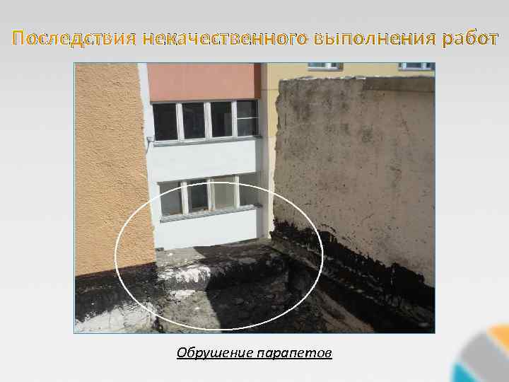 Последствия некачественного выполнения работ Обрушение парапетов 