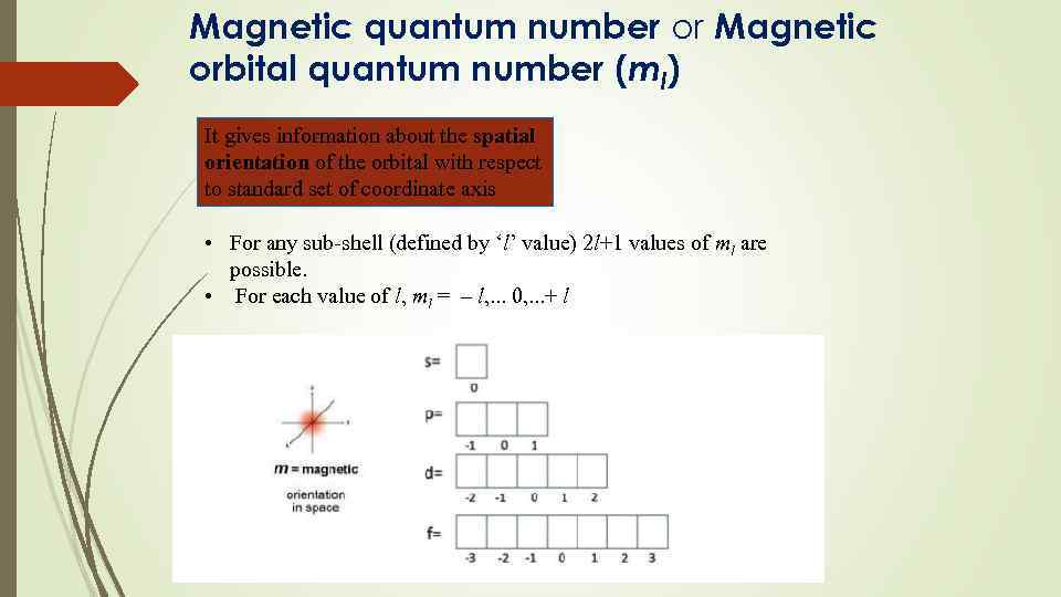 Magnetic quantum number or Magnetic orbital quantum number (ml) It gives information about the