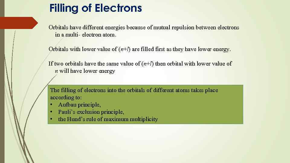 Filling of Electrons Orbitals have different energies because of mutual repulsion between electrons in