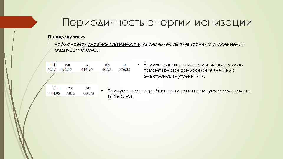 Периодичность энергии ионизации По подгруппам • наблюдается сложная зависимость, определяемая электронным строением и радиусом