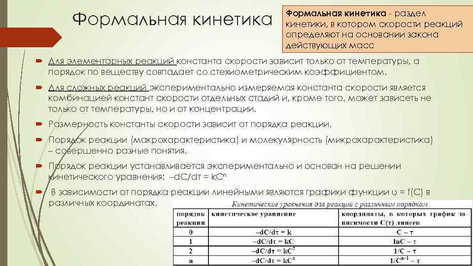 Формальная кинетика - раздел кинетики, в котором скорости реакций определяют на основании закона действующих