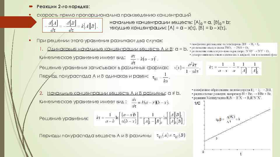  Реакции 2 -го порядка: § скорость прямо пропорциональна произведению концентраций начальные концентрации веществ: