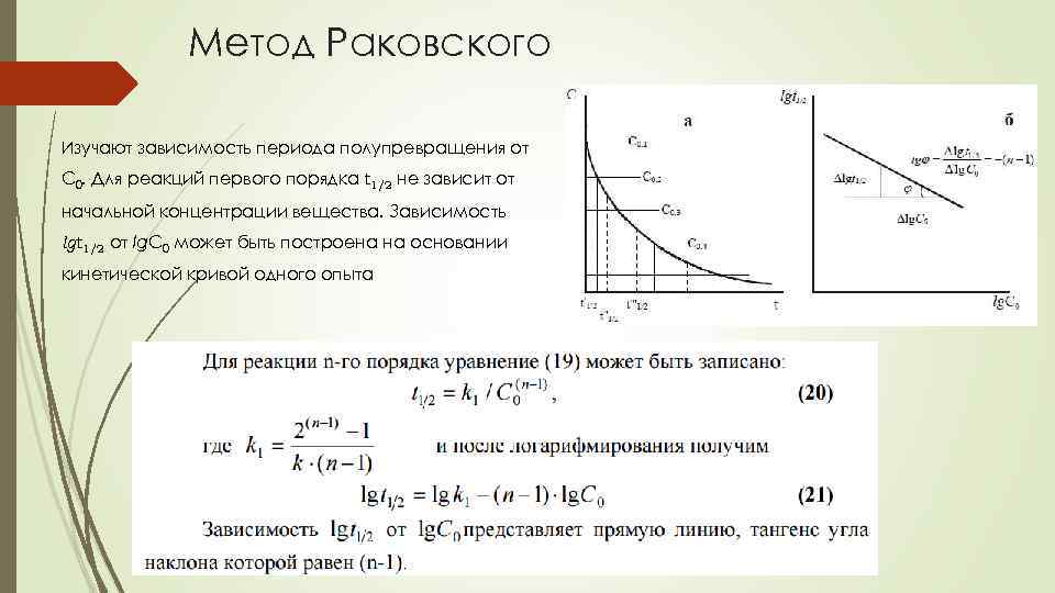 Метод Раковского Изучают зависимость периода полупревращения от С 0. Для реакций первого порядка t