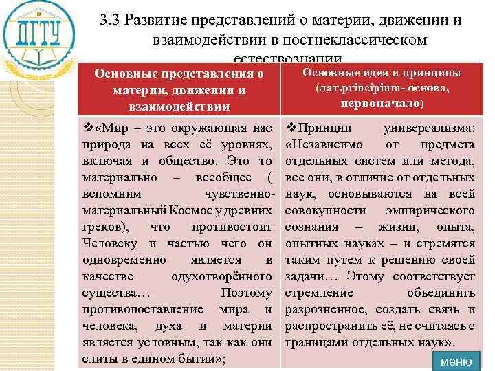 3. 3 Развитие представлений о материи, движении и взаимодействии в постнеклассическом естествознании. Основные представления