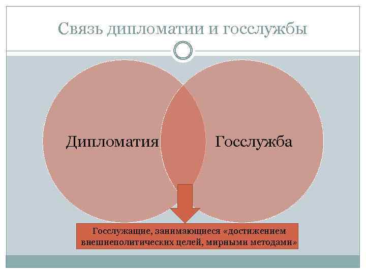 Связь дипломатии и госслужбы Дипломатия Госслужба Госслужащие, занимающиеся «достижением внешнеполитических целей, мирными методами» 