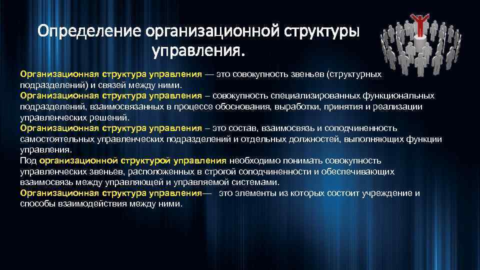 Определение организационной структуры управления. Организационная структура управления — это совокупность звеньев (структурных подразделений) и