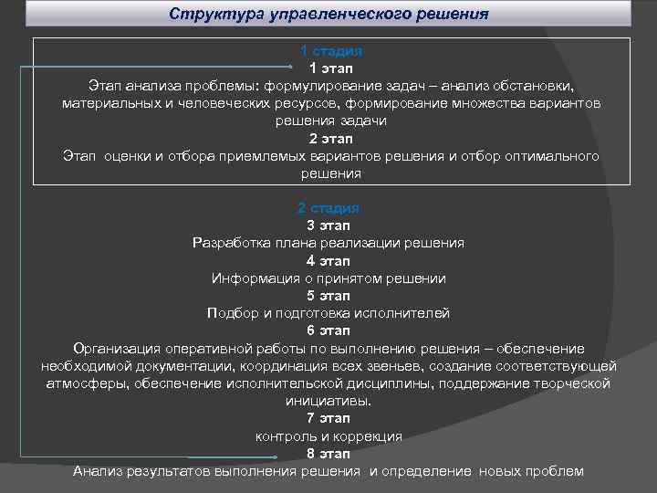 Структура управленческого решения 1 стадия 1 этап Этап анализа проблемы: формулирование задач – анализ