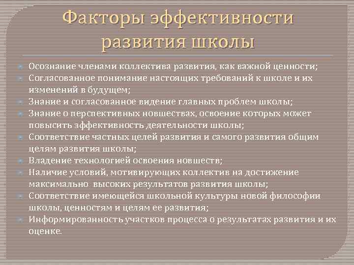 Факторы эффективности развития школы Осознание членами коллектива развития, как важной ценности; Согласованное понимание настоящих