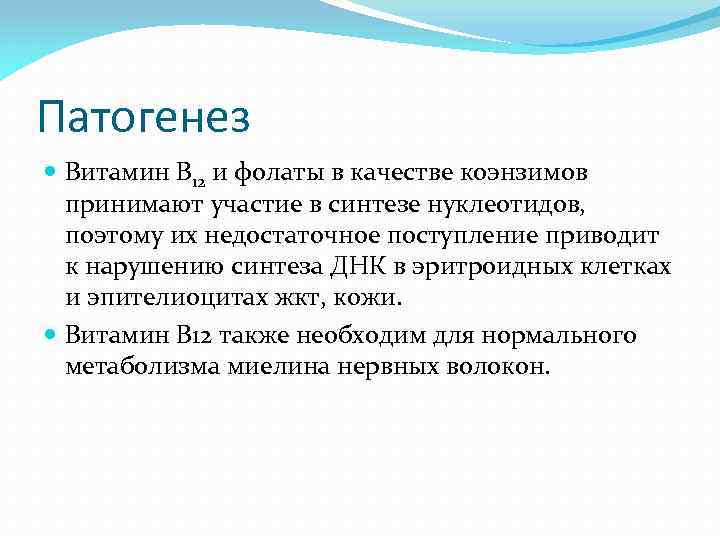 Патогенез Витамин В 12 и фолаты в качестве коэнзимов принимают участие в синтезе нуклеотидов,